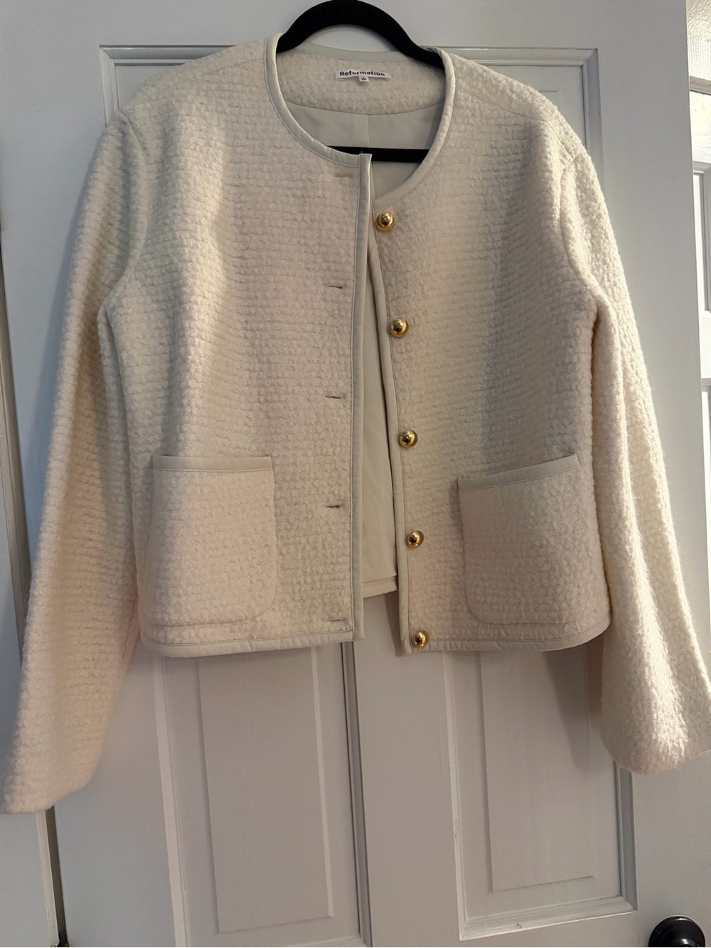 Reformation Cream Bouclé Jacket with Satin Trim